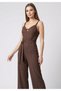 Women's Spaghetti Strap V-Neck Belted Wide Leg Jumpsuit with Chest Decolletage Detail - 7