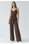 Women's Spaghetti Strap V-Neck Belted Wide Leg Jumpsuit with Chest Decolletage Detail
