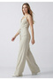 Women's Spaghetti Strap V-Neck Belted Wide Leg Jumpsuit with Chest Decolletage Detail - 5