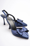 Women's Navy Blue Bowknot Satin Slingback Heeled Shoes Tr40Ms01E - 3