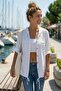 White 3/4 Sleeve Pocketed Casual Jacket with Embroidery on the Front Woven 70 65