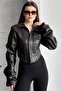 Women's Cropped Leather Jacket - Brown New Season Corset Detail - 2