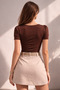 Women's Brown Shoulder Ruched Short Sleeve Square Neck Front Double Layer Body - 4