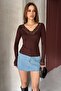 Women's V-Neck Lace Detailled Bluz - 2