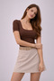 Women's Brown Shoulder Ruched Short Sleeve Square Neck Front Double Layer Body - 3