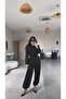 Black Belted Jacket with Elastic Cuffs and Pants Classic Suit - 2