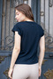 Women's Silk I Fabric Wide Zero-Neck Short Sleeve Tshirt Blouse-Dark Navy Blue - 5