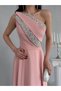 Powder One-Shoulder Stone Embellished Evening Dress - 4