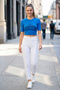 Short Sleeve Cropped T-Shirt Printed Crew Neck Fitted Slim Fit - Cobalt Blue - 6