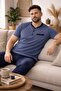 Men's Blue Big Size Patterned 3-Button 100% Cotton Wide Fit Short Sleeve Pocketed Pajama Set - 8