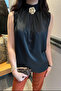 Women's Black Drape Collar Gold Accessory Detail Sleeveless Satin Blouse Sun291 - 2