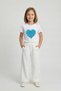 Girls' Turquoise Heart T-Shirt White Wide Leg Pants April 23 Show Outfits - 2