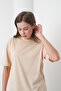 Acacia Women's 100% Cotton Beige Basic Round Neck T-Shirt - 3