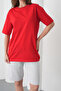 Women's Red Gray Cotton Piece Combed Cotton Short Sleeve Pocketed Shorts Set - 7