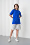 Women's Cobalt Blue Gray Cotton Piece Combed Cotton Short Sleeve Pocketed Shorts Set - 2