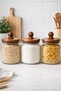 Set of 3 Glass Storage Jars with Ribbed Design and Wooden Lids – Jars for Legumes, Pasta, and Nuts - 3