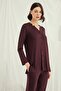 Women'S, Plum, Long Sleeve Buttoned V-Neck Pajama Set - 3