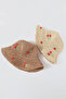 Women's Beige Straw Rope Cherry D Patterned Bucket Hat |   Summer Trend Handmade Design - 6