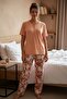 Women's Short Sleeve Stretch Fabric Buttoned Collar Pajama Set Salmon - 6