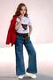 Girl's Leopard Detailed T-Shirt and Slit Wide Leg Jeans with Red Blazer Jacket Bottom Base - 2