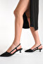 Black Satin Short Kitten 3 cm Heeled Women's Shoes with Pointed Toe - 3