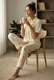 Women's Short Sleeve Stretch Fabric Buttoned Pajama Set Cream - 5