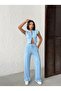 Women's Polo Collar Zippered Cropped Vest and Wide-Leg Pants with Stitching Two-Piece Set