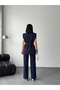 Plus Size Gold Buckle Set Belt in Padded Shoulders Elegant Oversized Vest and Trousers-Navy Blue - 7