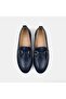 Women's Navy Blue Metal Gold Buckle Accessory Leather Loafers - 6