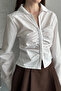 Women's White Long Sleeve Stylish Shirt with Ruched Waist Buttons on the Front - 3