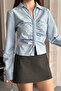 Women's Blue Front Ruched Waist Fitted Long Sleeve Stylish Shirt - 4