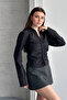 Women's Black Stylish Long Sleeve Shirt with Ruched Waist Buttons on the Front - 2
