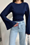 Women's Navy Blue Crew Neck Long Spanish Sleeve Soft Body Blouse - 3