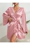 Women's Satin Ruffled Simple and Stylish Short Satin Dressing Gown with Sleeves and Collar Lace Detail - 3