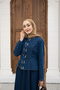 Women's Snap Fastener Crew Neck Skirted Denim Suit Navy Blue - 2