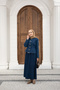 Women's Snap Fastener Crew Neck Skirted Denim Suit Navy Blue