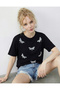 Women's Black Beaded Stone Embroidered Dragonfly Patterned Comfortable Fit T-Shirt 2212 60283971 - 4