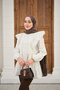 Women's Waist Ruched Pleated Detail Crew Neck Shirt White