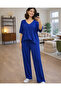 Women's V-Neck Short Sleeve Viscose Blouse Trousers Two Piece Set - 2