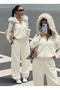Cream Zippered Hooded Sweatshirt Tracksuit Set – Fur-Trimmed Hoodie, Pocketed , Comfortable Fit
