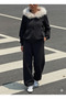 Women's Black - Smoked Zippered Hooded Sweatshirt Tracksuit Set – Fur-Trimmed Hoodie, Pocketed , Stay Comfortable - 5