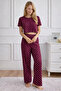 Women's Burgundy Polka Dot Patterned Top and Bottom Pajama Set - Home Wear - 2