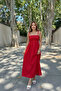 Red Corded Dress with Straps - 3