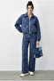 Women's Blue Patterned Denim Look Pocket Detailed Lined Bomber Jacket Trouser Set 8080 60283983 - 3