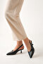 Women's Stiletto Black Leather Heeled Shoes Pointed Toe Open Back Comfortable Slingback - 2