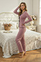 Dusty Rose Cotton Piece Long Sleeve Elegant Lace Detailed Bow Long Pajama Set - 5