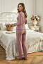 Dusty Rose Cotton Piece Long Sleeve Elegant Lace Detailed Bow Long Pajama Set - 3