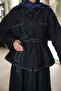 Navy Blue Belted Jacket and Skirt Denim Suit - 4