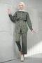 Khaki Bel Tie-Detail Pocketed Jacket and Trousers Denim Suit - 2