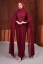 Burgundy Shoulder Cape Beaded Embroidered Draped Evening Dress - 3